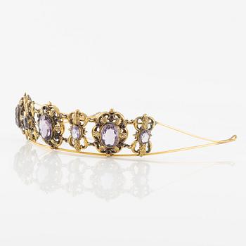 Tiara, gilded metal with faceted amethysts.