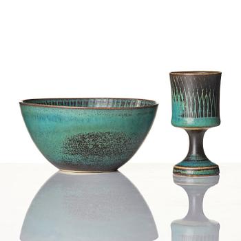 Stig Lindberg, a stoneware set of a teapot, a bowl and a goblet, Gustavsberg Studio 1969.