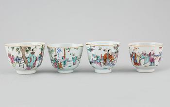 Three polychrome cups with barrels, three cups, one bowl with lid and one plate, Qing dynasty, 18/19th century.