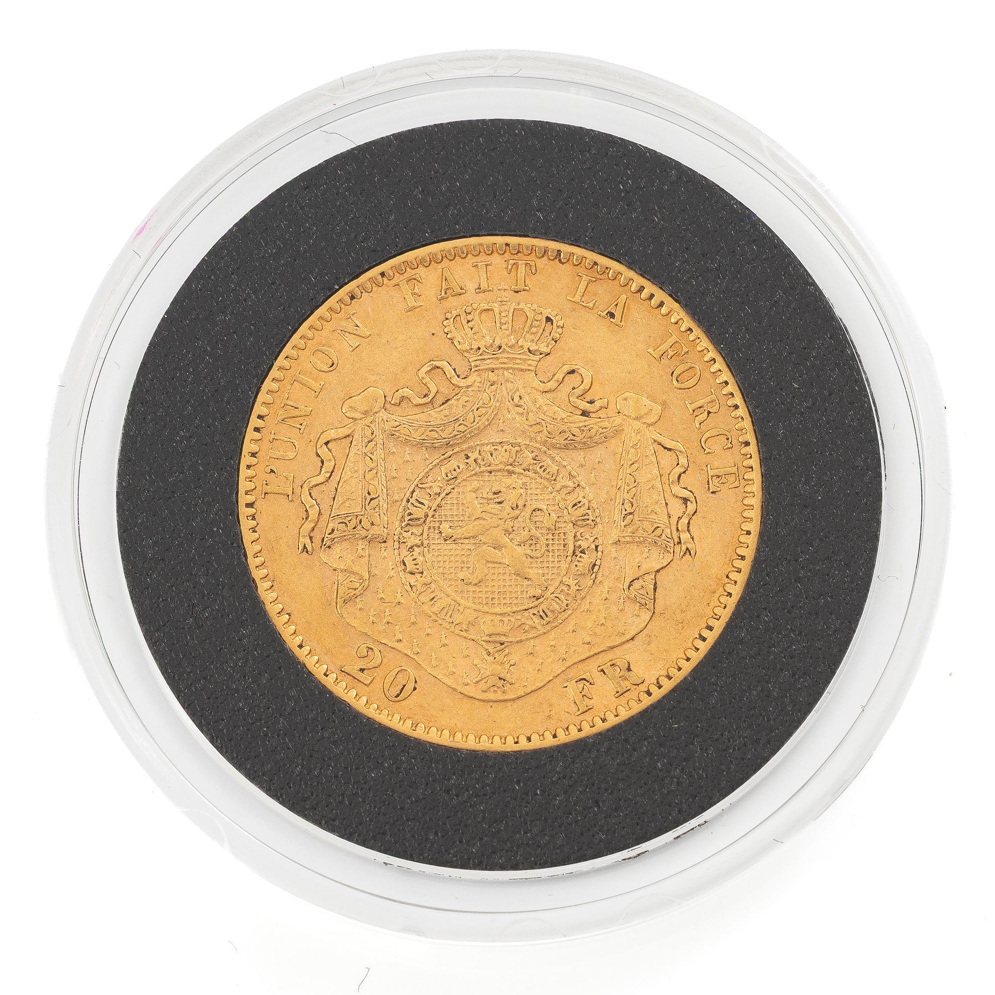 Gold coin, Belgium, Leopold II, 20 francs, 1877,