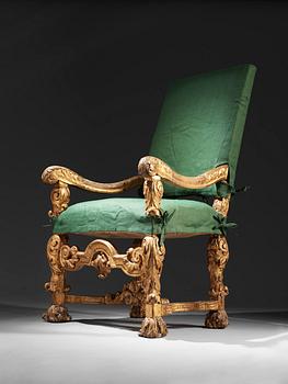 The Audience chair of the Swedish Dowager Queen Hedvig Eleonora (1636–1715) from the Palace Drottningholm 1709.
