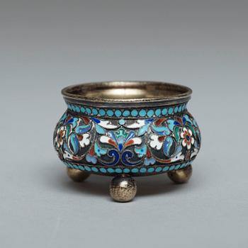 A Russian late 19th century silver-gilt and enamel salt, unidentified makers mark, Moscow.