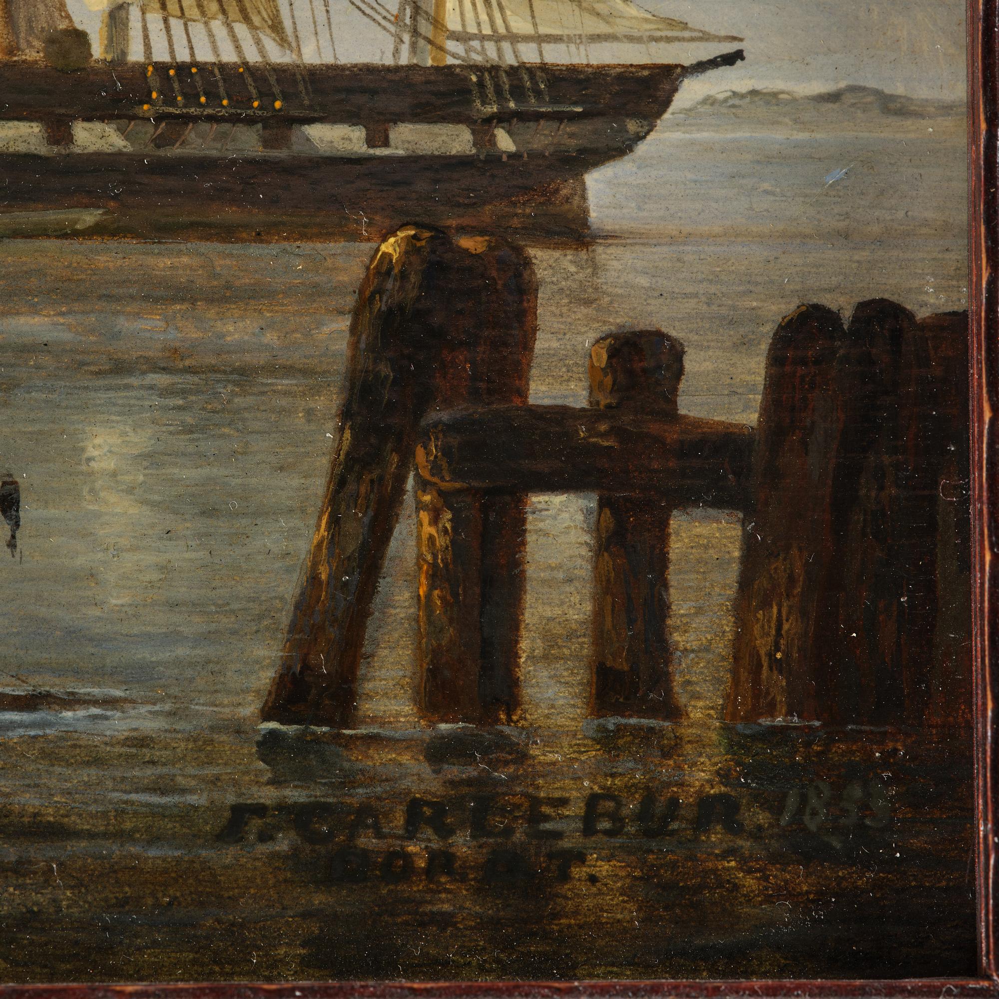 François Carlebur, Fishing boats on the shore and a frigate at anchor.