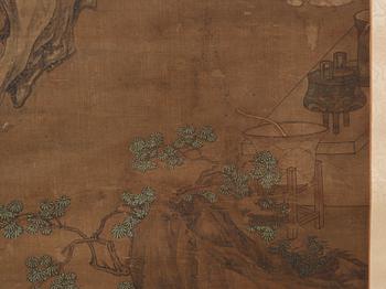 A hanging scroll of a garden scenery with ladys and maids, in the style of Qiu Ying, Qing dynasty, 19th century.