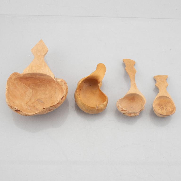 Ten carved burl wood bowls and cups, Sweden, 20th century.