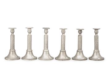 531. A set of six Gustavian pewter candlesticks by E. P. Krietz, master 1753.