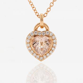 Pendant with chain in 18K rose gold with a heart-shaped morganite and round brilliant-cut diamonds.