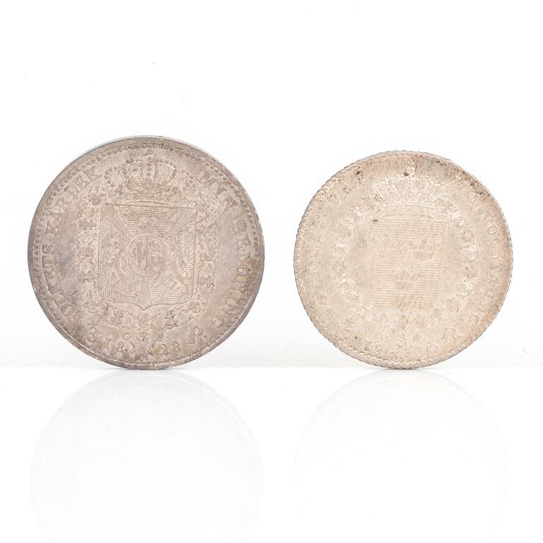 SILVERMYNT, 2 st, Karl XIII resp Karl XIV Johan, Sverige 1810 resp Sverige o Norge 1828. Vikt tot ca 16 gram.
