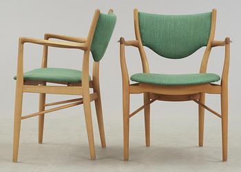 A Finn Juhl dining set of a teak and beech table, four beech 'BO-63' chairs and two armchairs, Bovirke. Denmark.