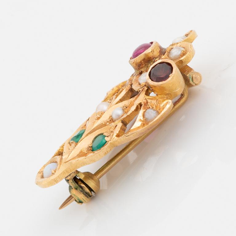 Gold and coloured stone and pearl brooch.