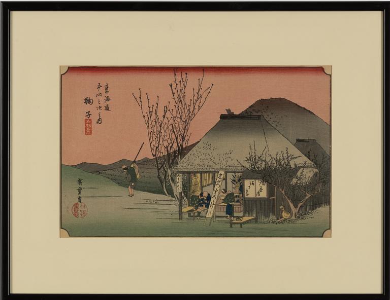 Ando Utagawa Hiroshige, after, two woodblock prints from the series 'The Fifty-three Stations of the Tōkaidō'.