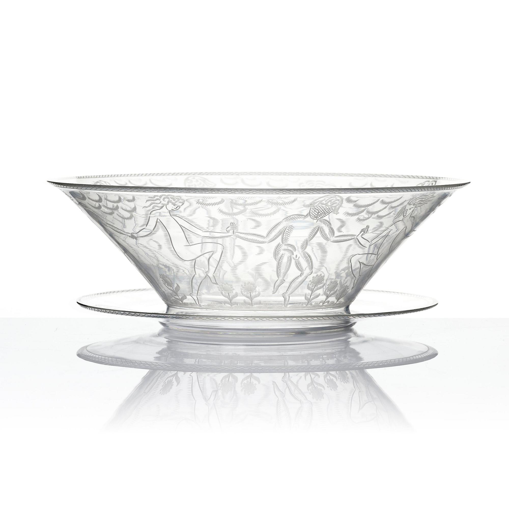 Edward Hald, an engraved glass bowl with plate, Orrefors, Sweden, 1926, model 305, engraved by Emil Goldmann.