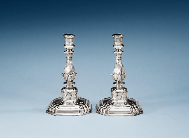 A pair of German 18th century silver candlesticks, makers mark of Johan Friedrich Tihm d.ä., Stettin (1728-1785).