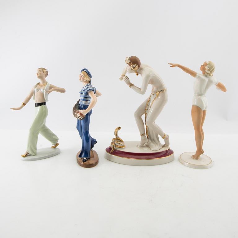 Figurines 4 pcs Royal Dux, Wallendorf and Keramos Germany mid-20th century porcelain.