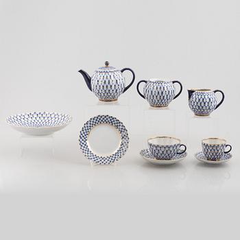 Tea and coffee service, 34 pieces, porcelain, "Cobalt Net", Lomonosov, Soviet Union.