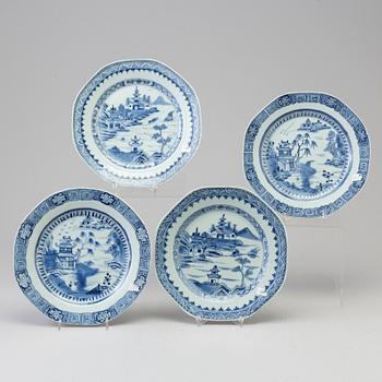 Four blue and white export porcelain plates, Qing dynasty, Qianlong (1736-95).