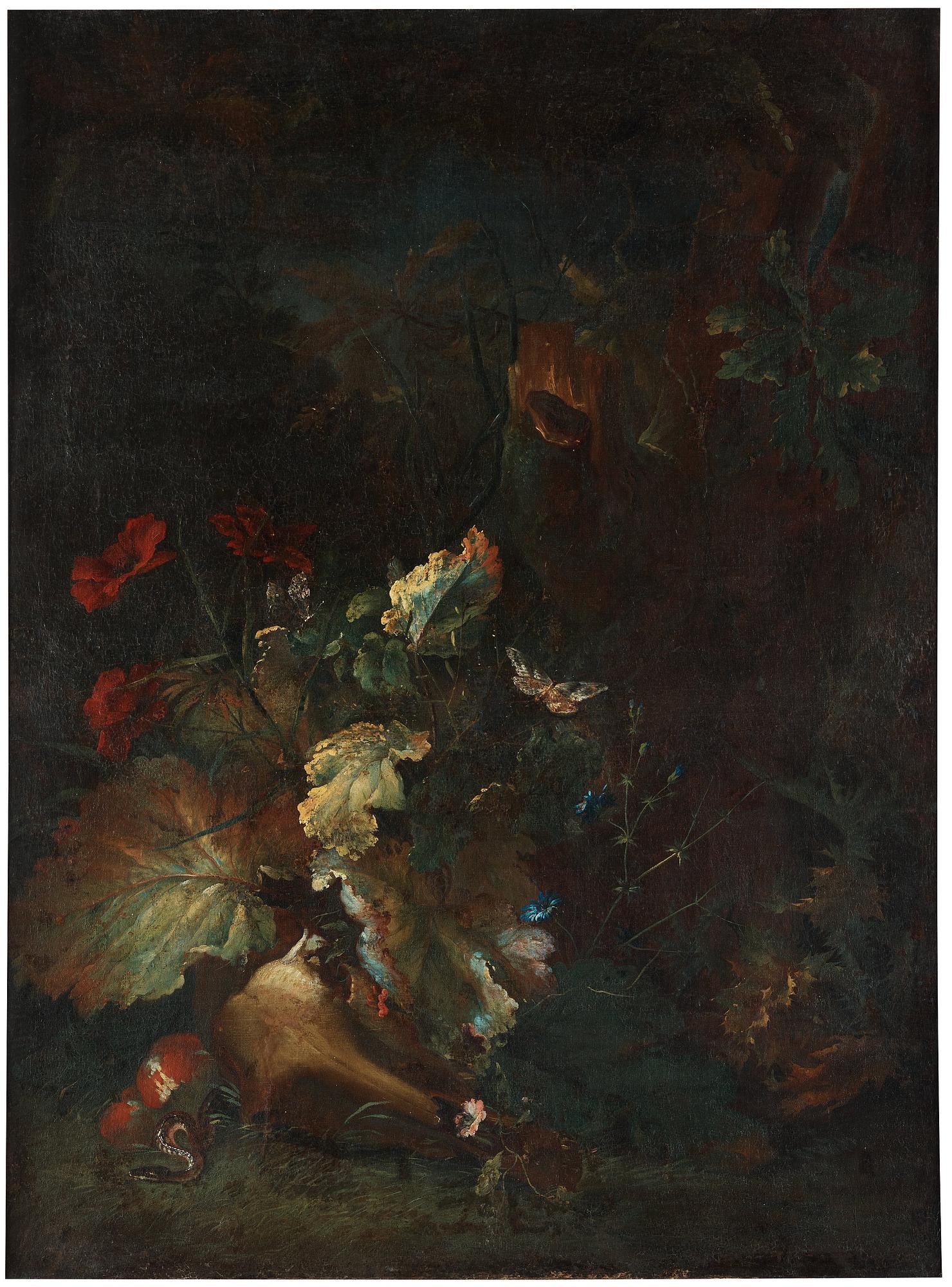 Abraham Jansz. Begeyn Attributed to, A flower piece with poppy, cornflower, butterfly and a snake.