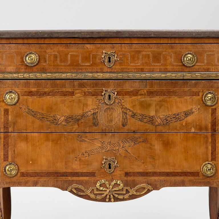 A Gustavian marquetry commode, Stockholm, late 18th century incorporating later elements.