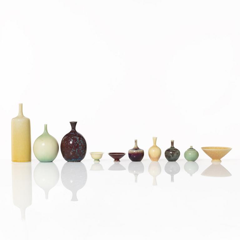 Sven Wejsfelt, a set of seven stoneware vases and three bowls, Gustavsbergs studio, 1980's.
