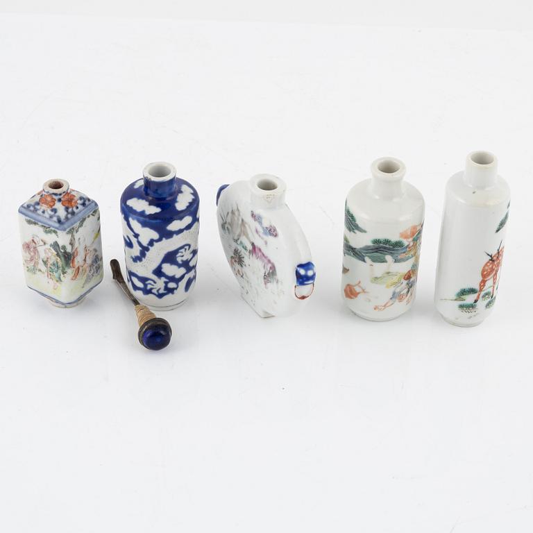 Five porcelain snuffbottles, China, 19th-20th century.