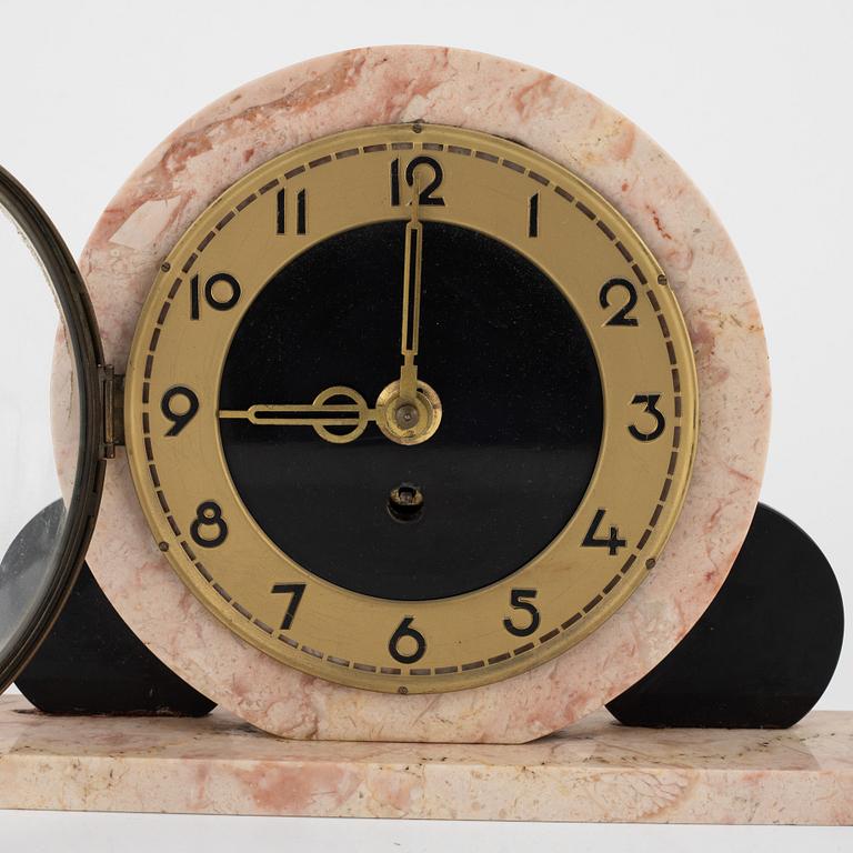 A 3-piece Art Deco mantel clock set, Ucra, France, 1930's.