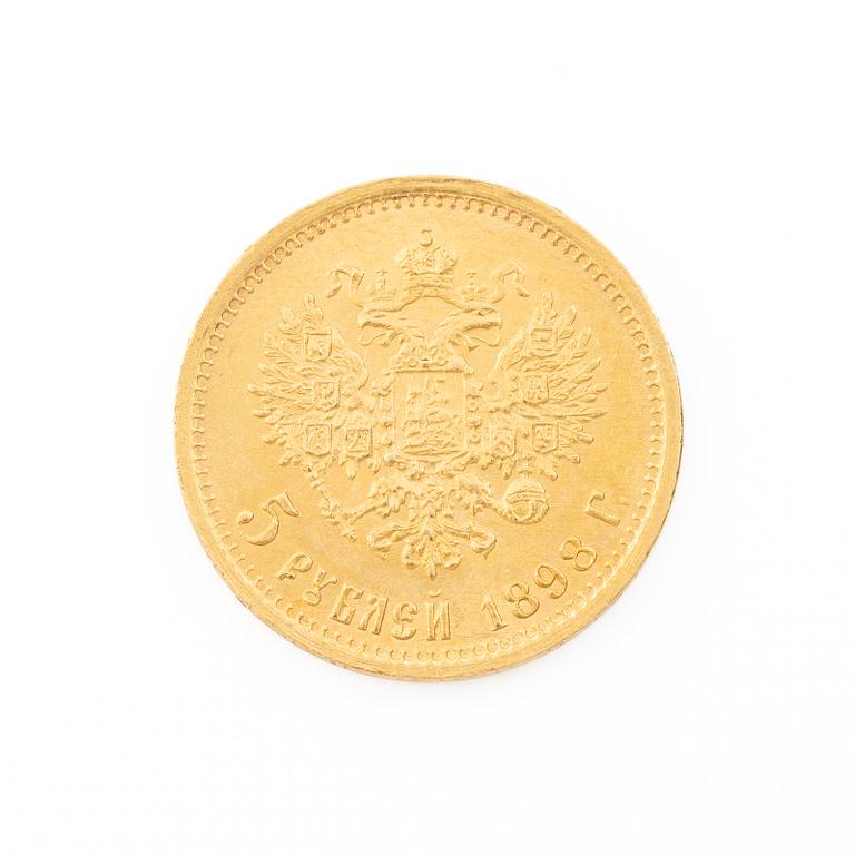Gold coin, Nicholas II, Russia, 5 Rubles, 1898.