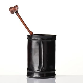 A hardwood bamboo shaped brushpot with a sceptre, China, 20th century.