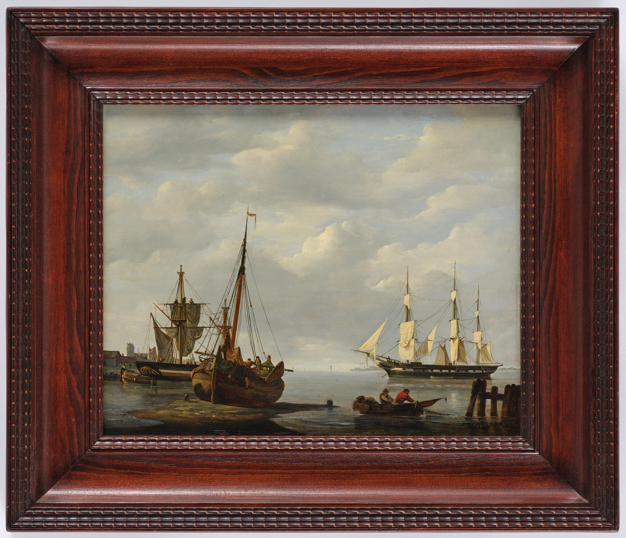 François Carlebur, Fishing boats on the shore and a frigate at anchor.