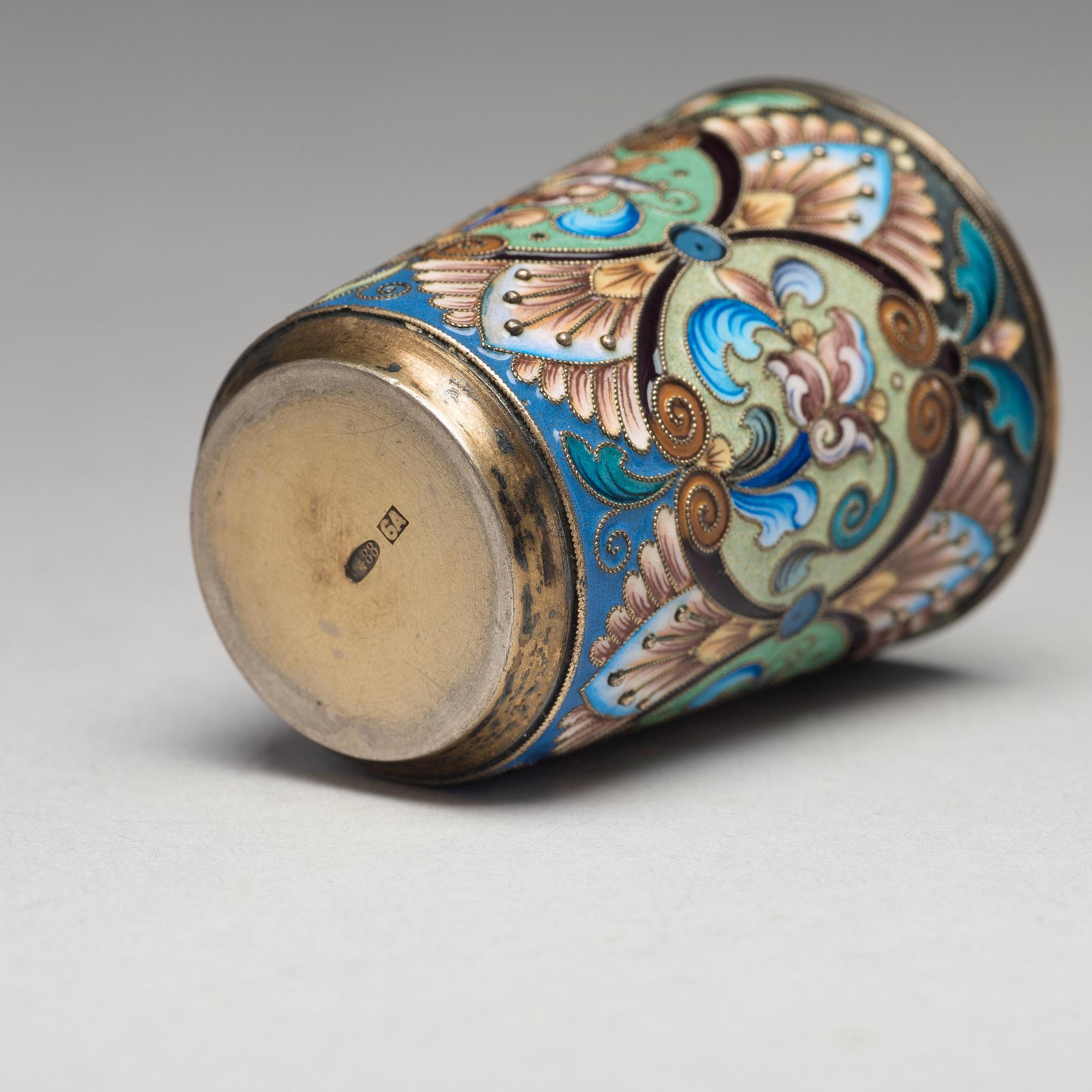 A Russian early 20th century silver-gilt and enamel beaker, mark of the 6th Artel, Moscow 1908-1917.