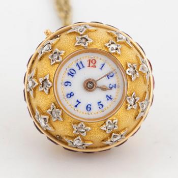 Pendant/watch gold with rose-cut diamonds, rubies, with chain, fitted box.