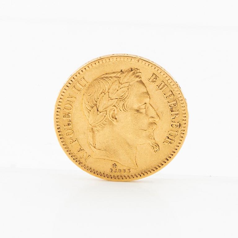 Gold coin 20 francs 1865 France Napoleon III.
