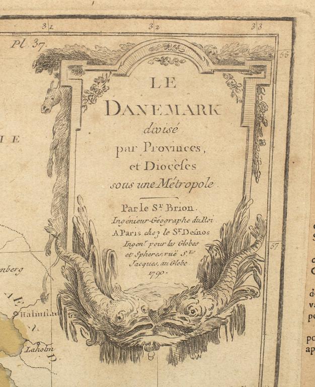 MAP, COPPER ENGRAVING, Le Danemark divisé par Provinces..." Louis Brion De La Tour, 1790.