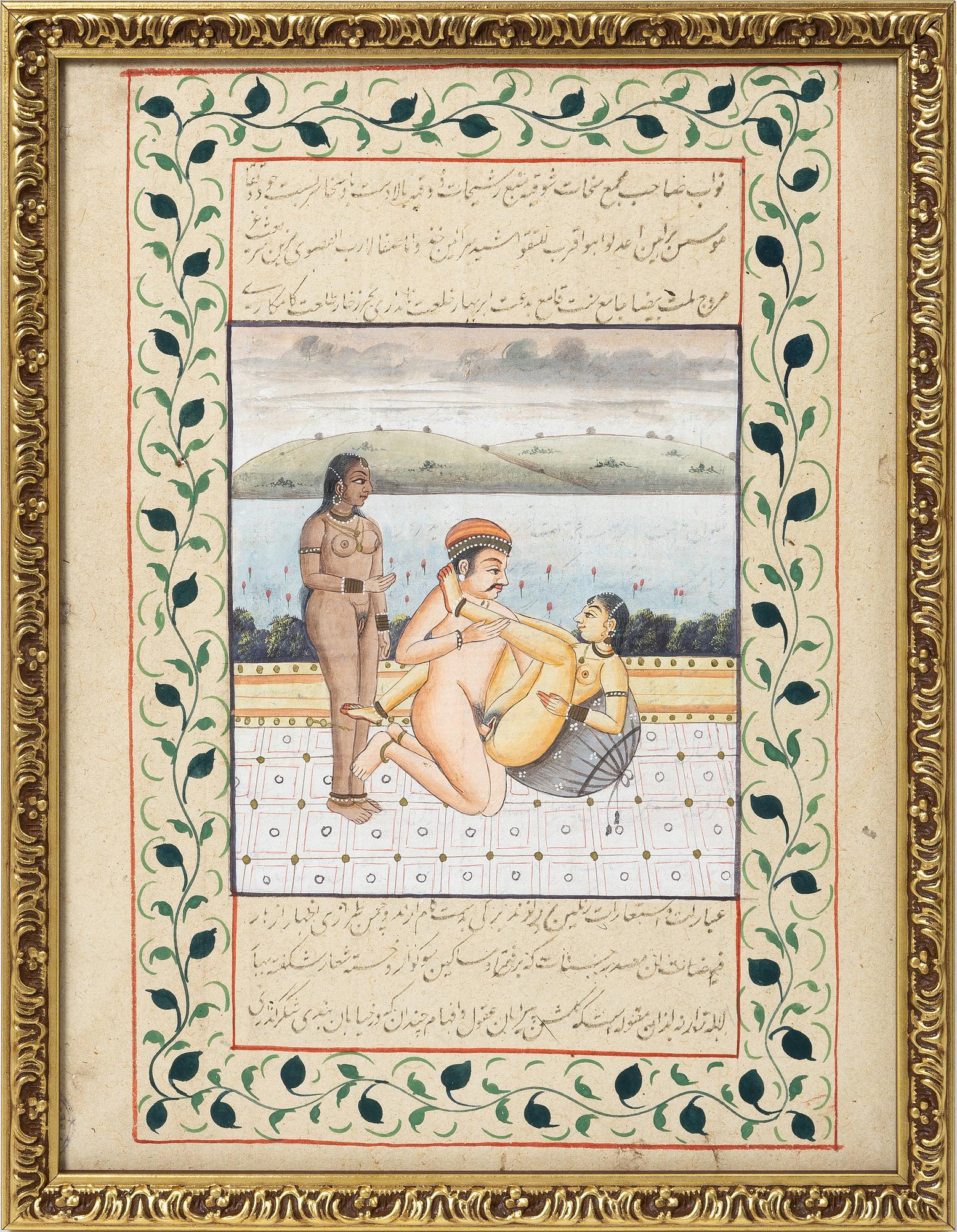 Unidentified artist, Erotic scenes in palace interiors, India, 19/20th century. Two paintings.