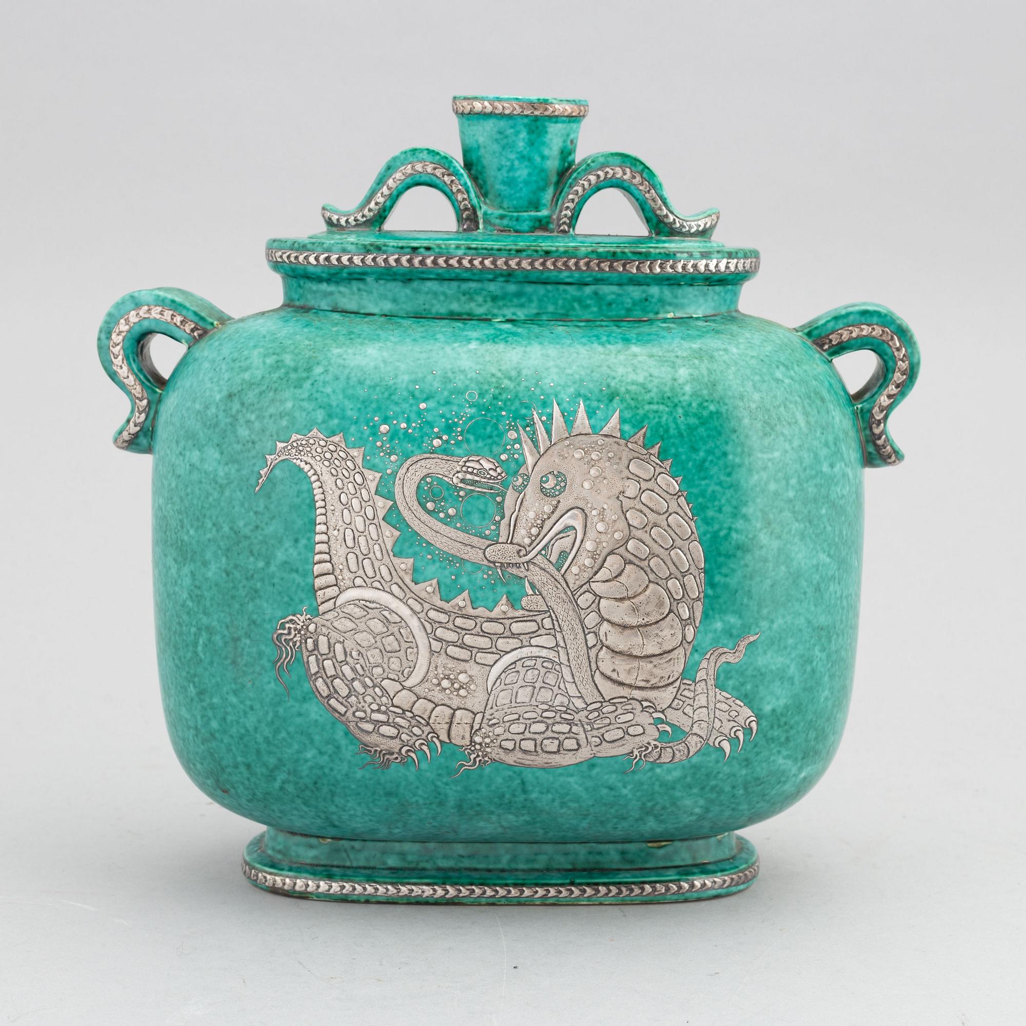 Wilhelm Kåge, urna med lock, stengods, "Argenta", Gustavsberg.