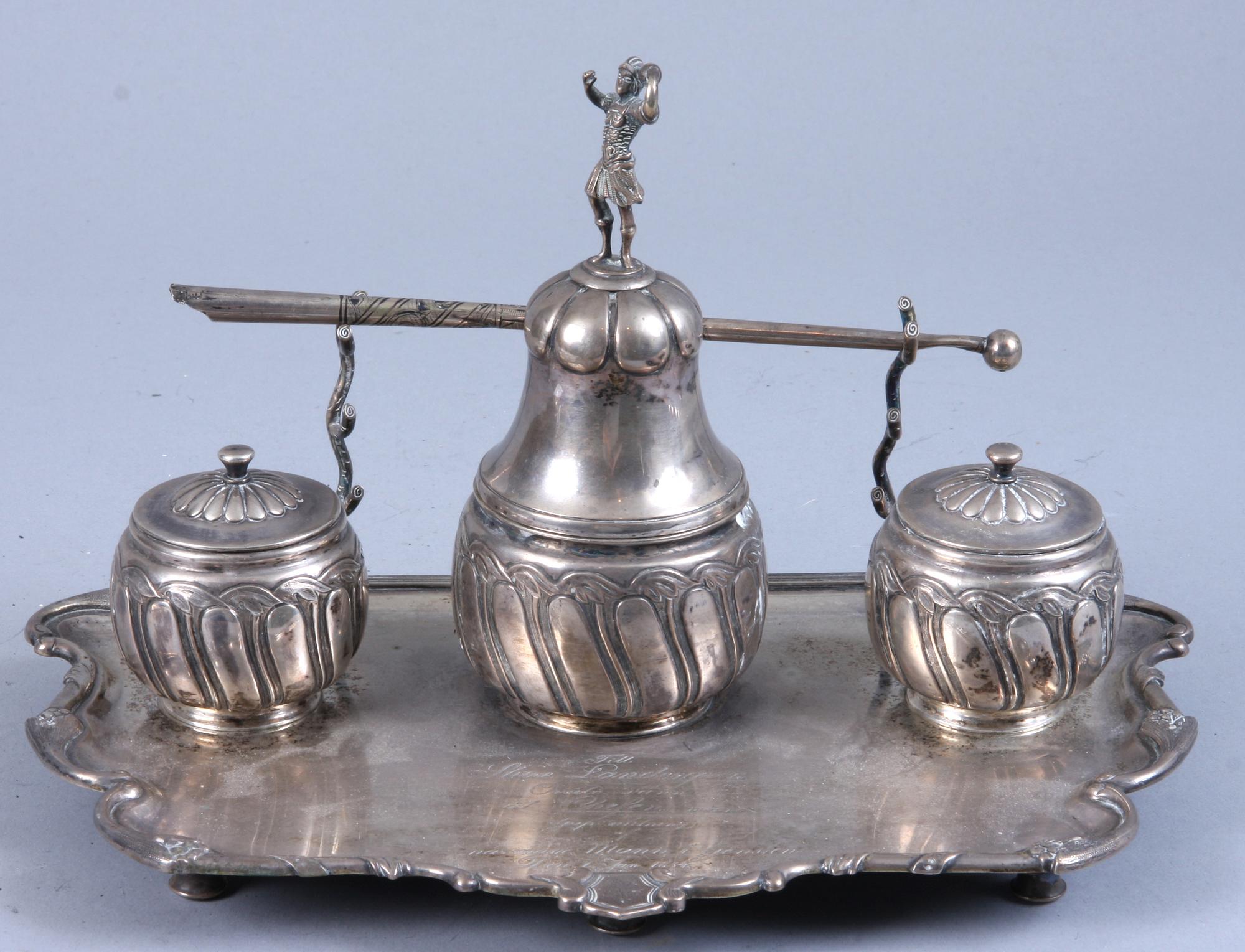 SKRIVBORDSUPPSATS, silver, Karlshamn, 1853, vikt ca 680 g.