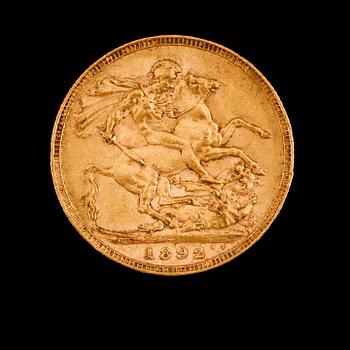 GULDMYNT, sovereign, Victoria, 1892. Diameter 8 gram.