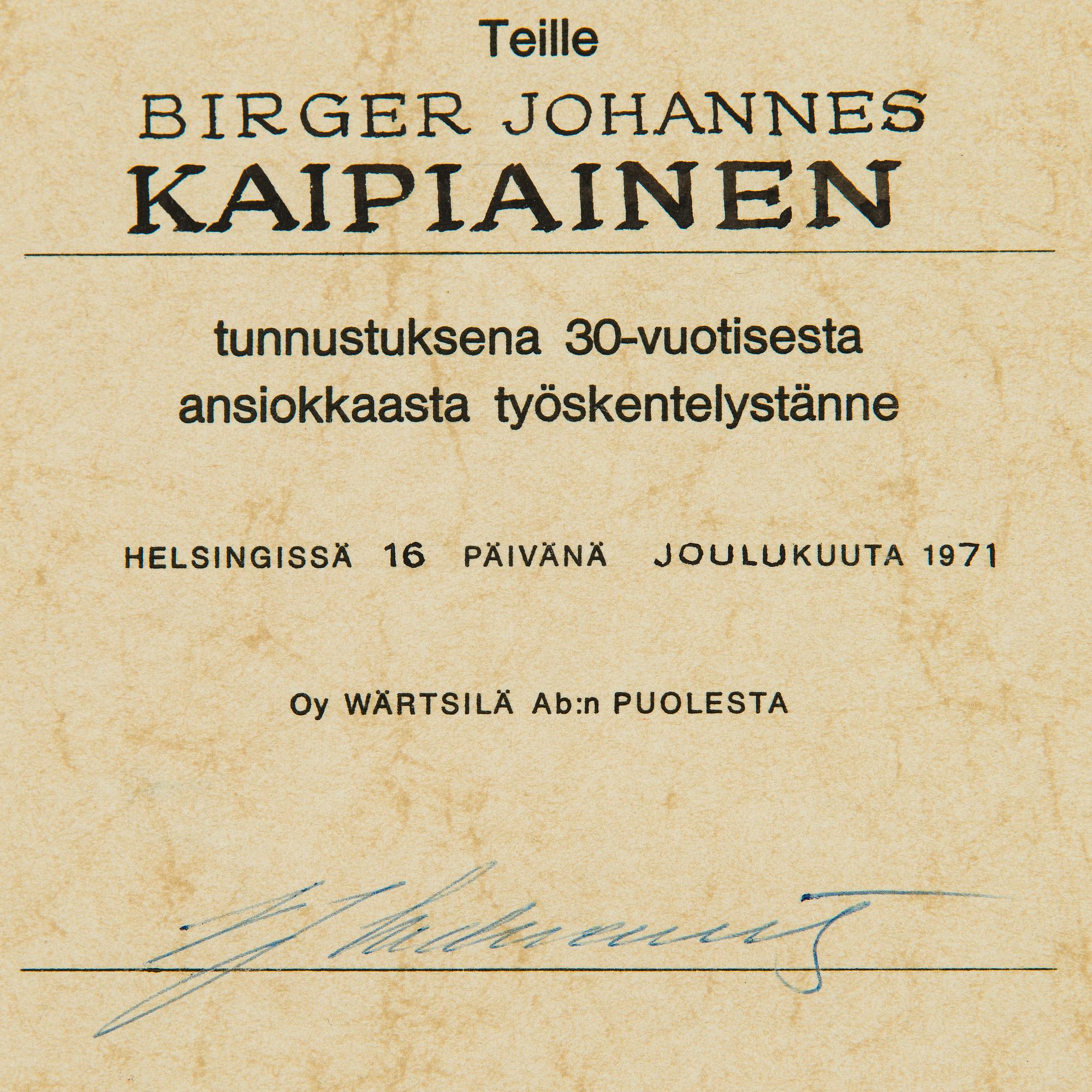 Diplom, Wilhelm Wahlforss, Oy Wärtsilä Ab, daterad 16. december 1971.