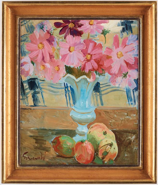 Isaac Grünewald, Still life with garden cosmos and apples.