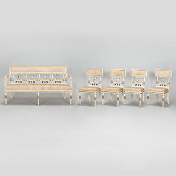 A late Gustavian style sofa and four chairs, early 20th century.