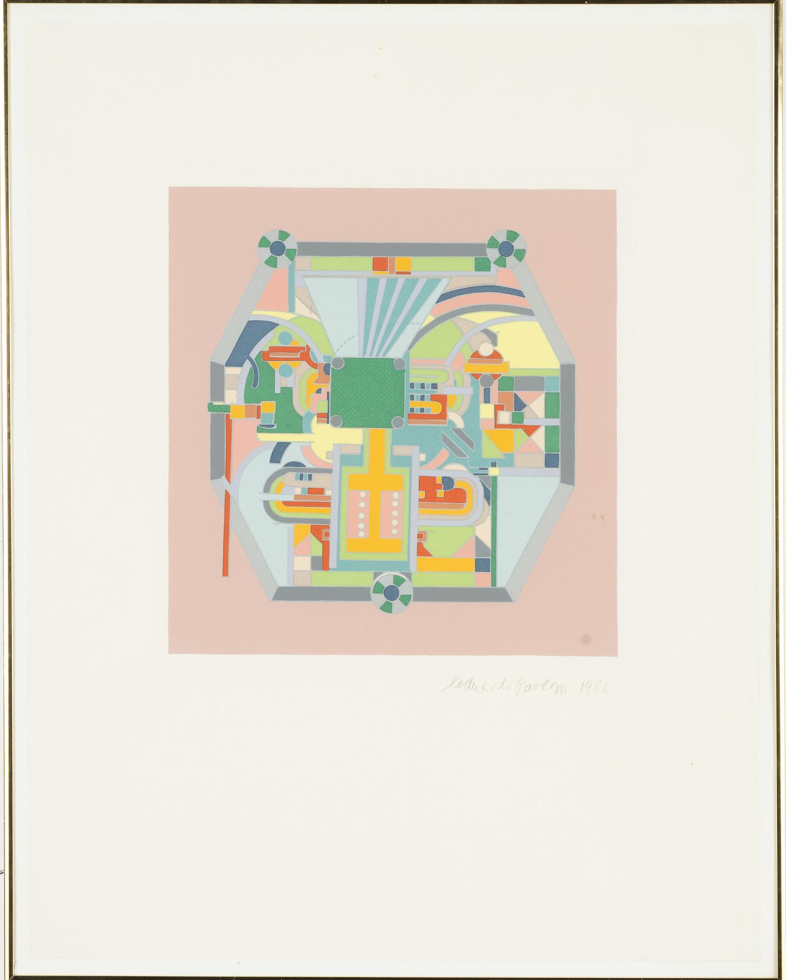 Eduardo Paolozzi, silkscreen in colours, 1986, signed and a scarf and brooches.