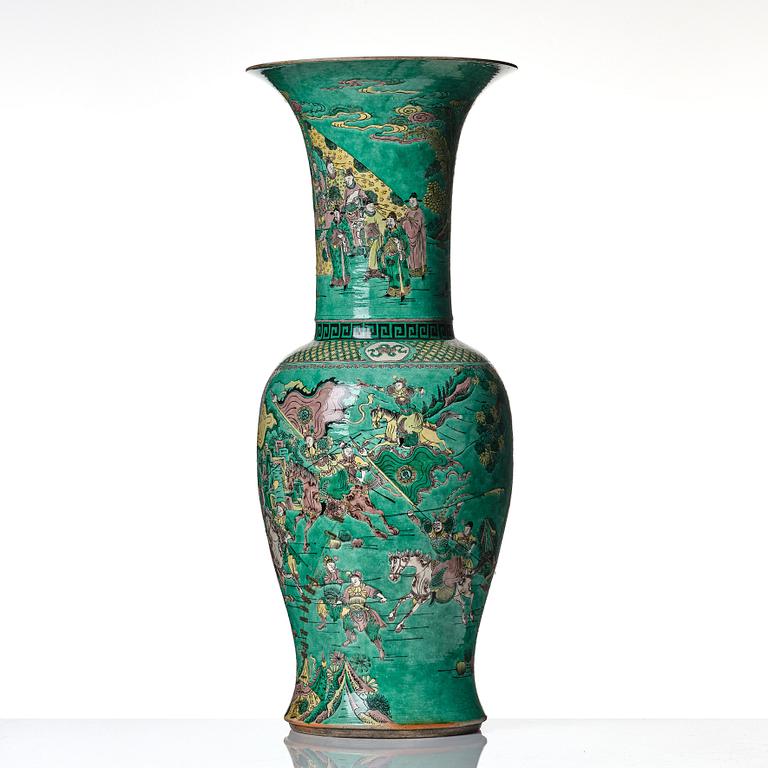 A massive famille verte bisquit vase, Qing dynasty with Kangxi mark to base.