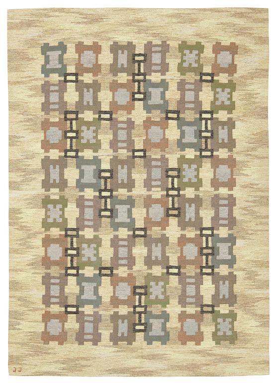 CARPET. Probably the pattern "Rutor". Flat weave (Rölakan). 270 x 192 cm. Signed JJ (Judith Johansson).