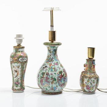 Bordslampor, 3 st, porslin, Kanton, Kina, Qingdynastin, 1800-tal.