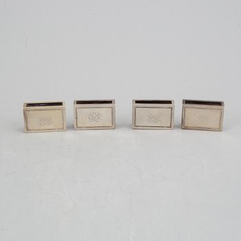 Atelier Borgila, 4 tändsticksfodral samt läskpappersvagga, silver, Stockholm 1922 samt 1939.