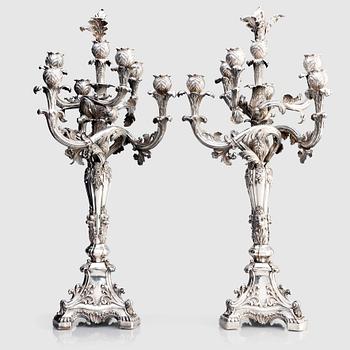 279. A pair of Swedish mid 19th century silver candelabra, marks of Gustaf Möllenborg, Stockholm 1844.