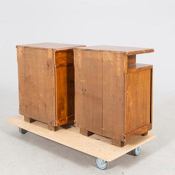 A pair of Art Deco 1930/40s root veneer bedside tables.