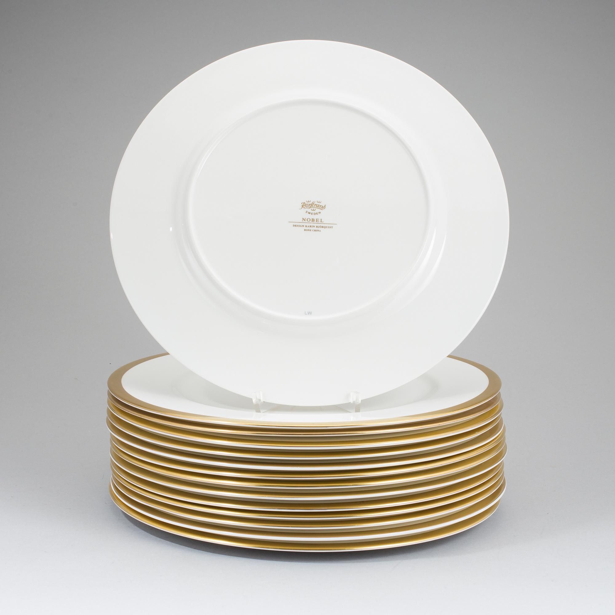 KARIN BJÖRQUIST, plates (14 [11+3] ), bone china, "Nobel Jubilee 1991"+"Nobel", Rörstrand/Gustavsberg.