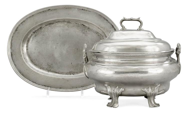 A Gustavian pewter tureen with lid and dish by M.G. Moberg 1784-86.