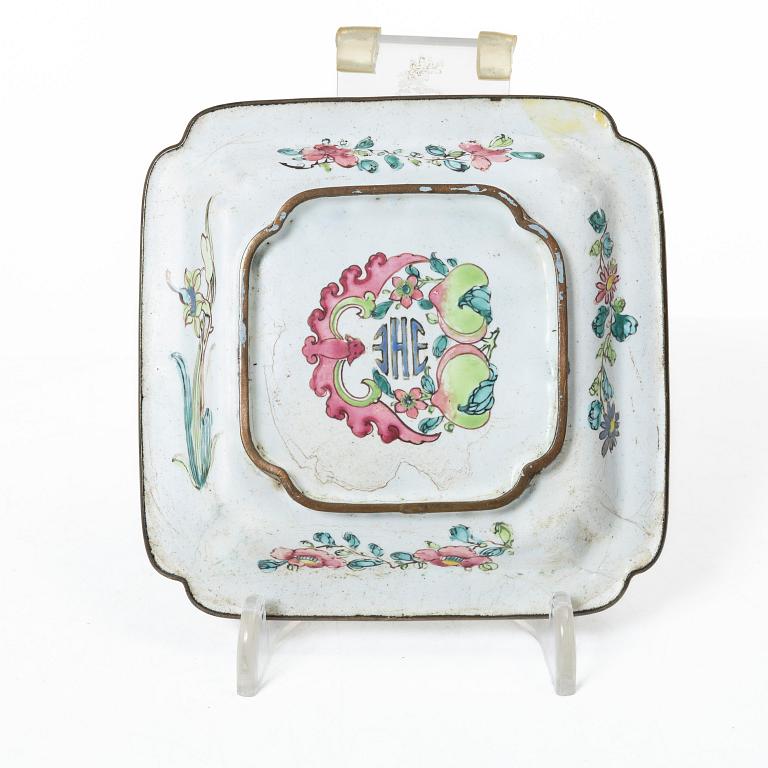 A set of six Chinese enamel on copper bowls and a dish, Qing dynasty and 20th century.