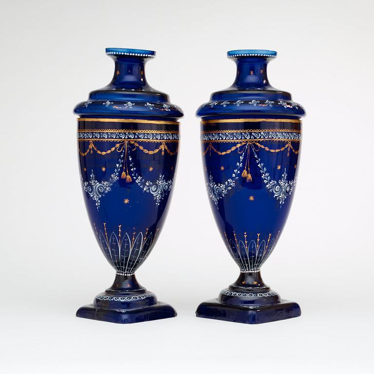 A pair of Russian blue glass vases with liners, circa 1900.